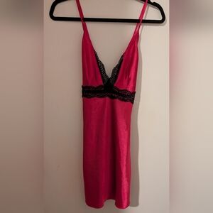 Hot Pink Satin Slip with Black Lace Trim